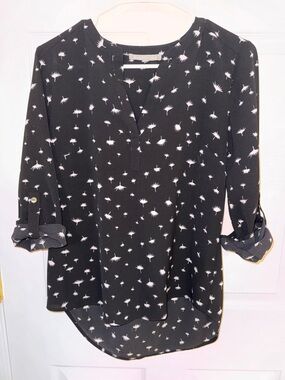 Daniel Rainn Black Blouse with White Dandelion Print